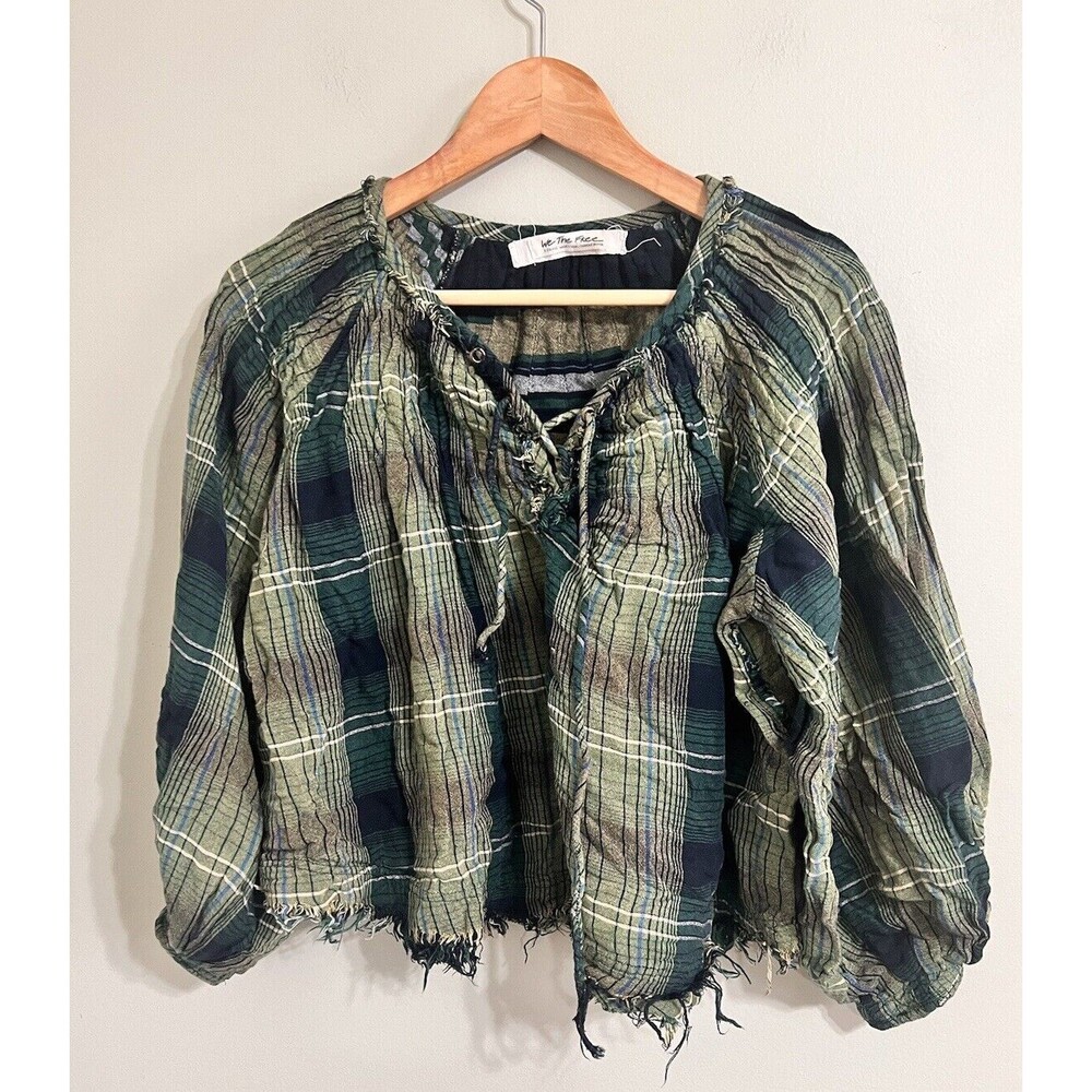 Free People Plaid Tunic Top Oversize Raw Hem Pullover Green Cloudbreaker XS - Picture 3 of 9